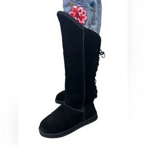Beach Feet Suede Sherpa Wool Lined Tall Lace Back Black Boots Women Size 6 EUC!!